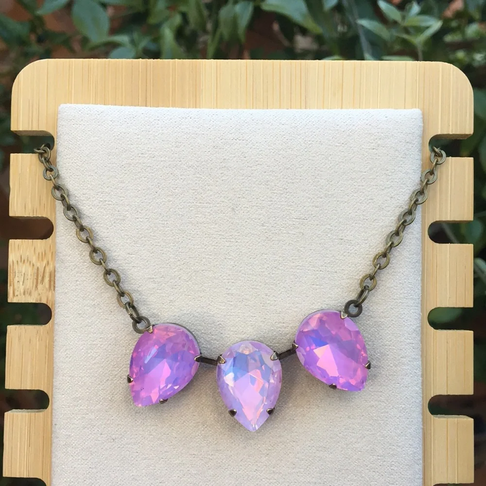 Purple + Pink Opal Aurora Borealis Antique Brass Pear Crystal Necklace